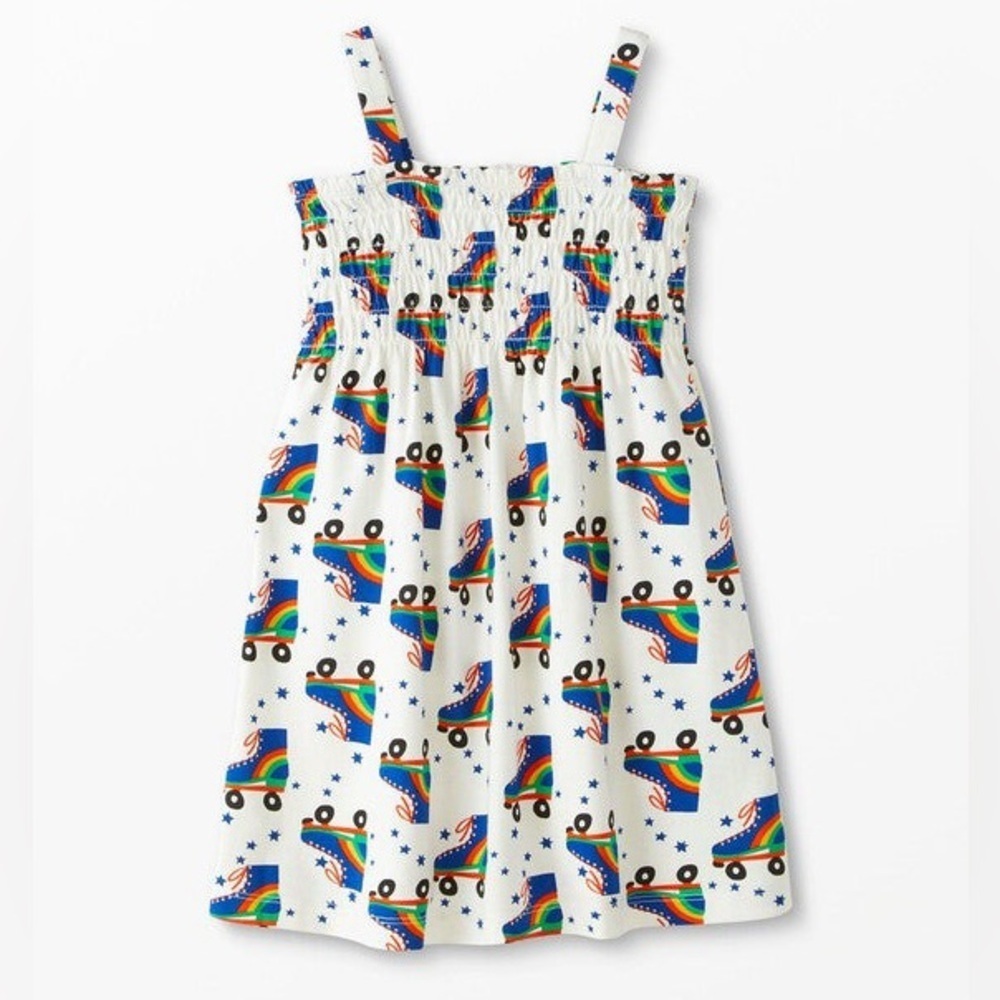 4/$25 Hanna Andersson Roller Derby Print Smocked Dress Girl’s 5 White Sleeveless